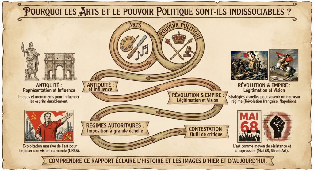 Infographie style parchemin illustrant la relation historique entre arts et politique. Un chemin relie l'Antiquité (influence), la Révolution et l'Empire (légitimation avec Napoléon), les régimes autoritaires (propagande URSS) et la contestation (Mai 68, street art).