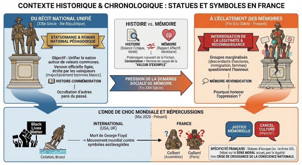 Schéma chronologique illustrant l'évolution des polémiques sur les statues en France : passage du récit national unifié du XIXe siècle à la demande sociale de mémoire, et l'impact de l'onde de choc mondiale (Black Lives Matter) sur les figures comme Colbert ou Gallieni.