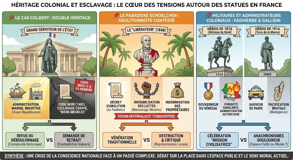 Infographie détaillant les paradoxes historiques de Jean-Baptiste Colbert (constructeur de l'État vs Code Noir), Victor Schoelcher (abolitionniste vs vision paternaliste) et des militaires coloniaux comme Gallieni, expliquant pourquoi leurs statues sont contestées.