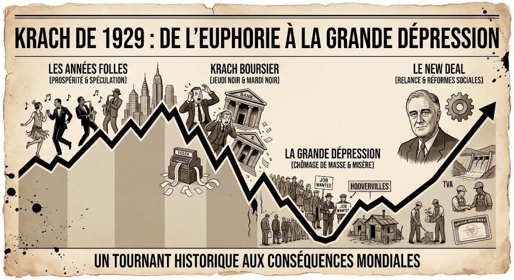 Illustration schématique du Krach de 1929 : évolution de l'euphorie des Années folles vers la panique boursière, la Grande Dépression (chômage, Hoovervilles) et la relance par le New Deal de Roosevelt.