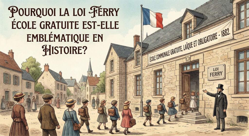 Illustration style gravure d'une école communale sous la IIIe République avec le drapeau français et des enfants entrant en classe, symbolisant l'instruction laïque et obligatoire instaurée par Jules Ferry