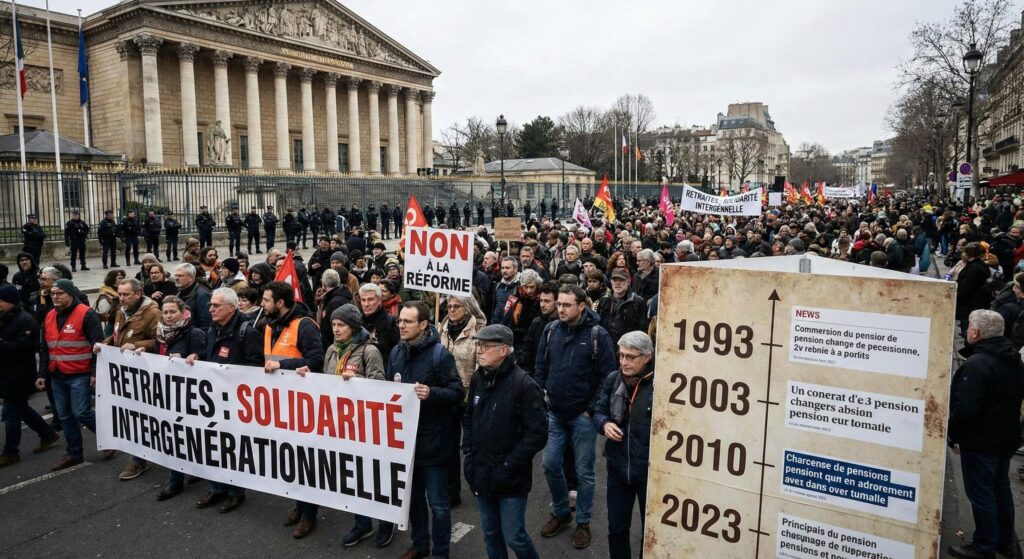 Grande manifestation à Paris devant l'Assemblée nationale contre la réforme des retraites sous un ciel gris. Au premier plan, une large banderole 