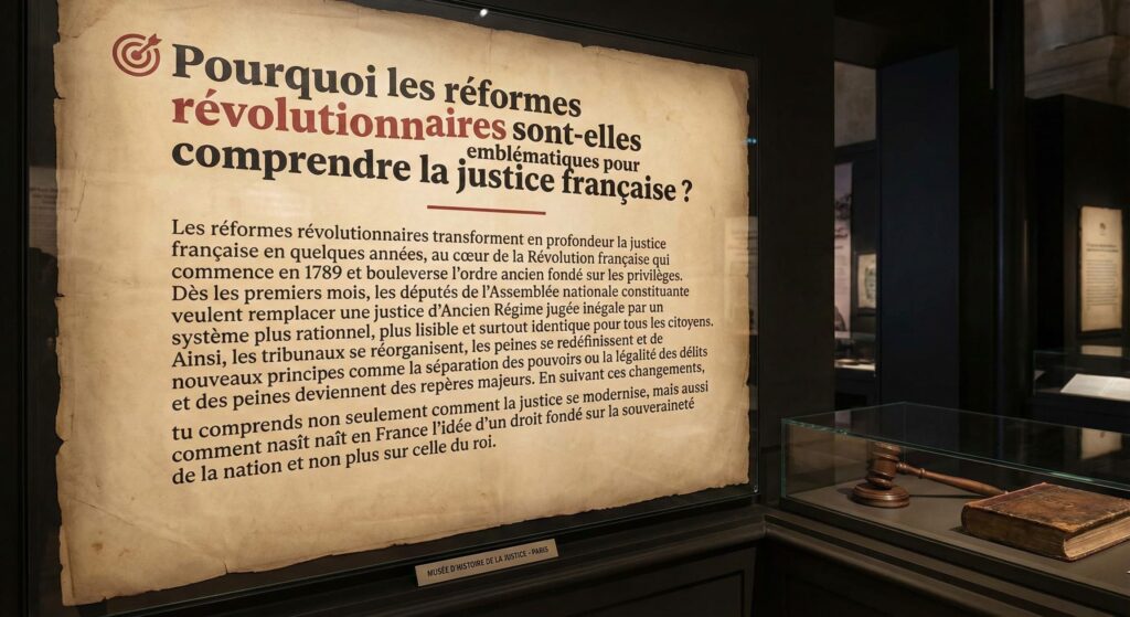 Photographie d'un panneau d'exposition au Musée d'Histoire de la Justice à Paris, expliquant les réformes profondes du système judiciaire durant la Révolution française de 1789, la fin des privilèges de l'Ancien Régime et la naissance de la séparation des pouvoirs. Un marteau de juge et un livre ancien sont en vitrine adjacente.