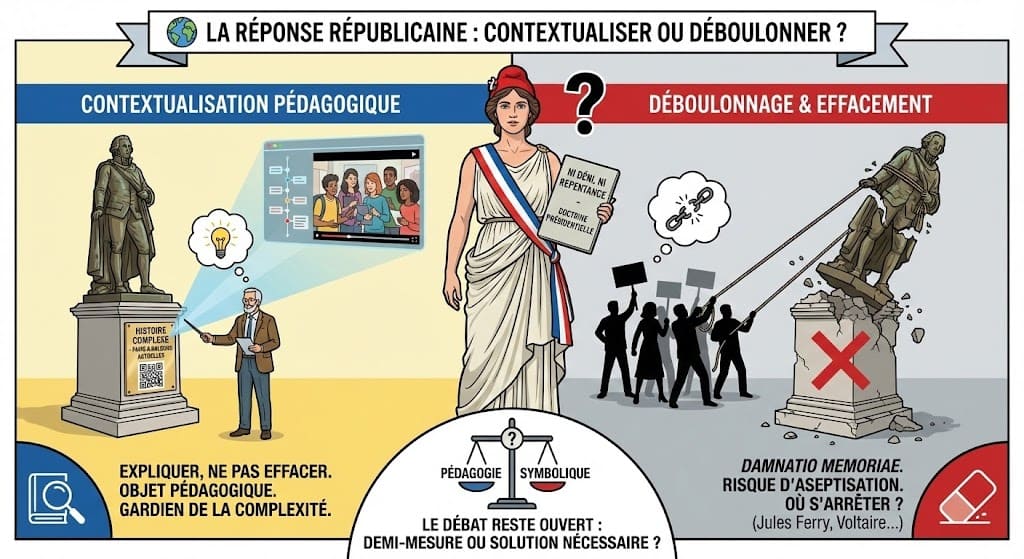 Infographie expliquant la réponse de l'État français face aux statues controversées : le refus du déboulonnage (assimilé à un effacement de l'histoire) au profit de la contextualisation pédagogique (plaques explicatives), sous l'égide de Marianne.