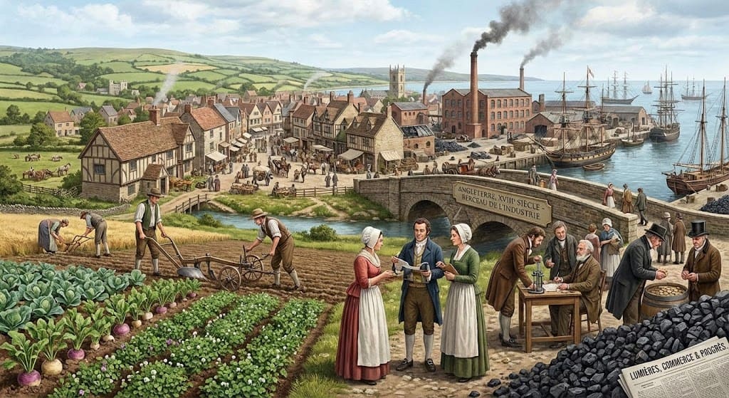Illustration panoramique de l'Angleterre au XVIIIᵉ siècle montrant la transition vers l'industrie : paysans labourant des champs avec de nouvelles techniques au premier plan (révolution agricole), ville en croissance, premières usines aux cheminées fumantes, port de commerce actif avec navires et tas de charbon (facteurs de la révolution industrielle).