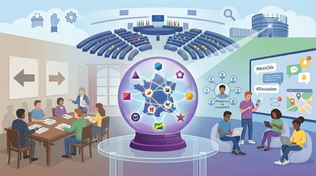 Boule de cristal futuriste montrant un paysage politique fragmenté avec des mouvements et partis interconnectés