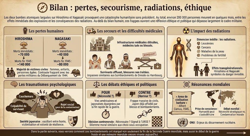 Infographie résumant le bilan des bombardements atomiques : pertes humaines à Hiroshima et Nagasaki, difficultés médicales, impact des radiations, traumatismes psychologiques, débats éthiques et résonances mondiales
