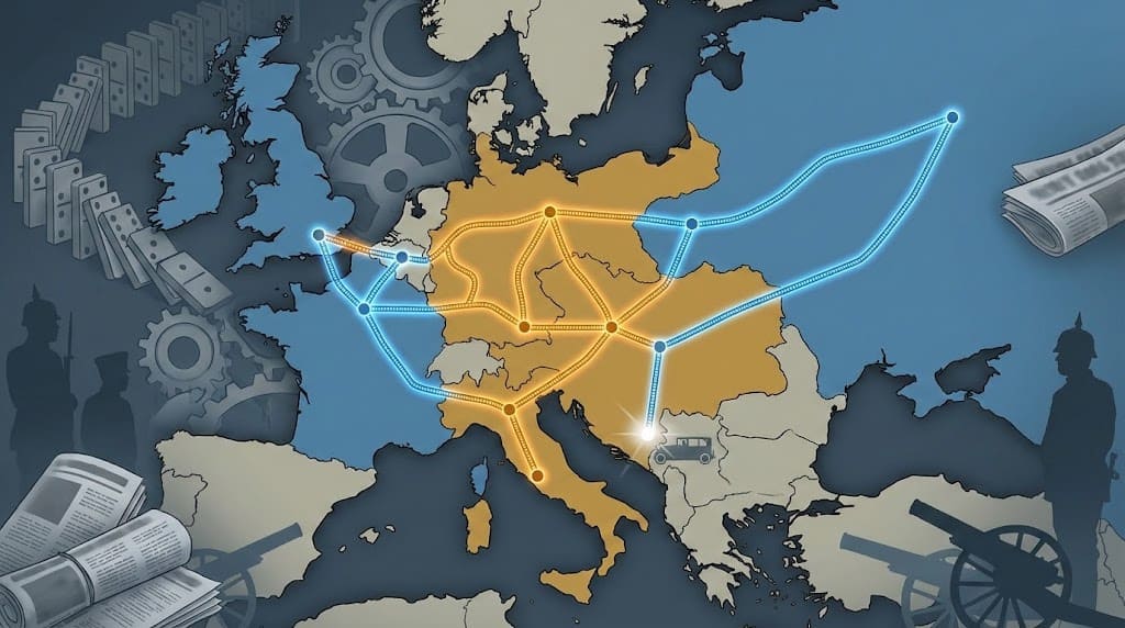 Illustration d'une carte de l'Europe vers 1914 montrant la Triple Alliance (ocre) face à la Triple Entente (bleu). Des lignes de chemin de fer lumineuses relient les capitales, symbolisant les plans de mobilisation rapide, sur fond d'engrenages et de dominos évoquant l'enchaînement fatal vers la guerre après Sarajevo.