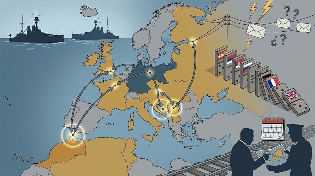 Illustration cartographique centrée sur les crises précédant 1914. Des zooms mettent en avant le Maroc et les Balkans comme zones de friction. L'image montre aussi la rivalité navale anglo-allemande, des échanges diplomatiques tendus par télégraphe et un effet domino symbolisant les alliances.