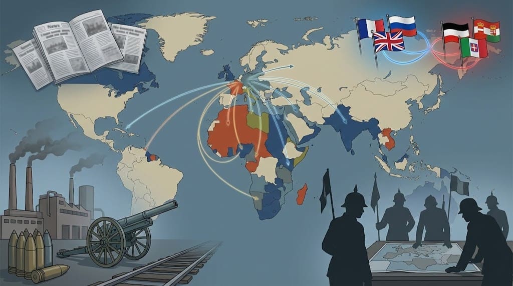 Illustration d'une carte mondiale montrant les empires coloniaux européens en compétition avant 1914. Des vignettes latérales illustrent la course aux armements industrielle, la presse nationaliste, la préparation militaire et l'opposition entre la Triple Entente et la Triple Alliance.