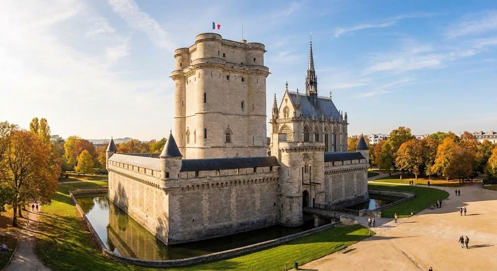 Illustration photoréaliste du Château de Vincennes en automne, montrant le donjon, la Sainte-Chapelle, les remparts et les douves en eau sous un ciel ensoleillé. Le drapeau français est hissé sur la tour principale.