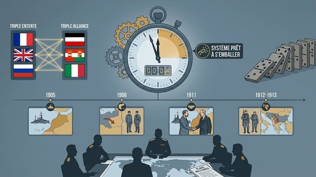 Infographie de bilan montrant une grande horloge dont l'aiguille approche de minuit, symbolisant l'imminence de la guerre. Une frise chronologique illustre les crises de Tanger (1905), de Bosnie (1908), d'Agadir (1911) et les guerres balkaniques (1912-1913), sous le regard d'états-majors préparant leurs plans.