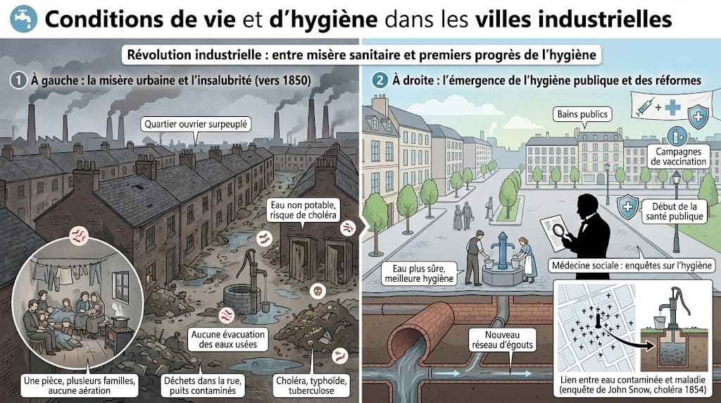 Comparaison visuelle entre un quartier ouvrier insalubre vers 1850 (surpopulation, eau contaminée, risques de choléra) et les premiers progrès de l'hygiène publique (égouts, eau potable, enquêtes sanitaires).