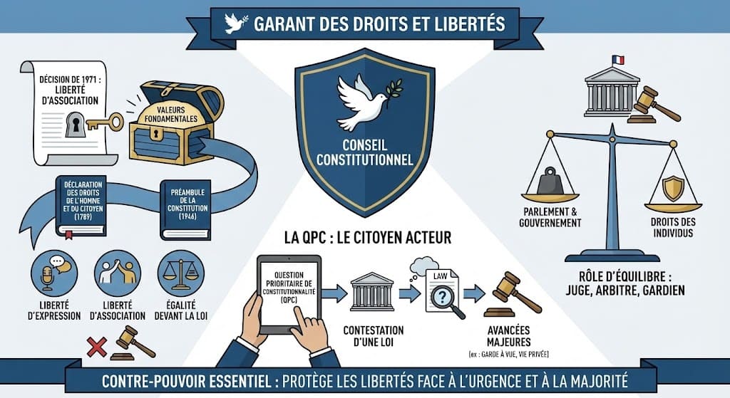 Illustration montrant le Conseil constitutionnel protégeant les libertés fondamentales (expression, association) grâce au bloc de constitutionnalité et à l'outil de la QPC pour les citoyens.