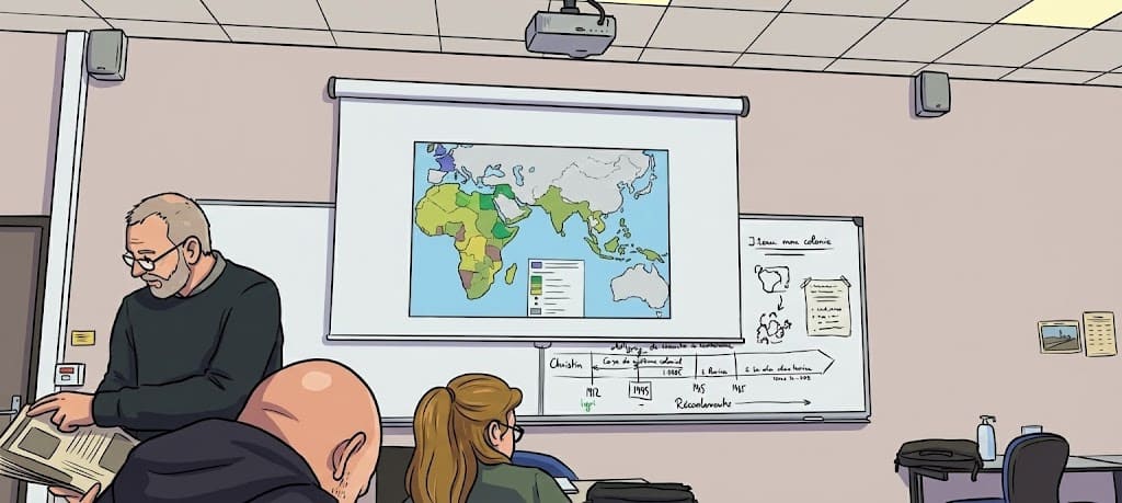 Professeur d’histoire-géographie projetant une carte du monde devant les étudiants du DAEU à l’UBO pendant le cours