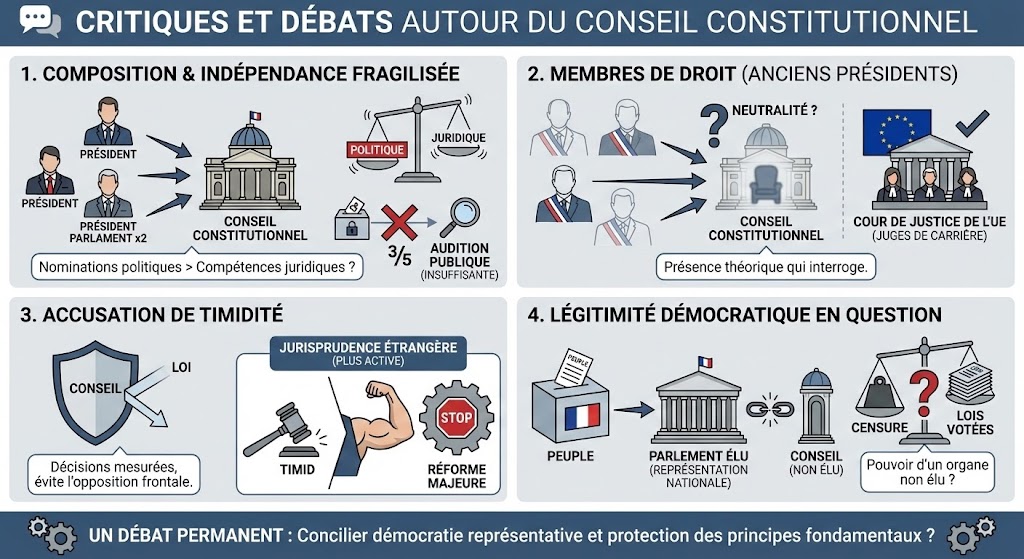 Infographie synthétisant les débats autour du Conseil : nominations politiques menaçant l'indépendance, présence des anciens présidents, timidité de la jurisprudence et manque de légitimité démocratique.