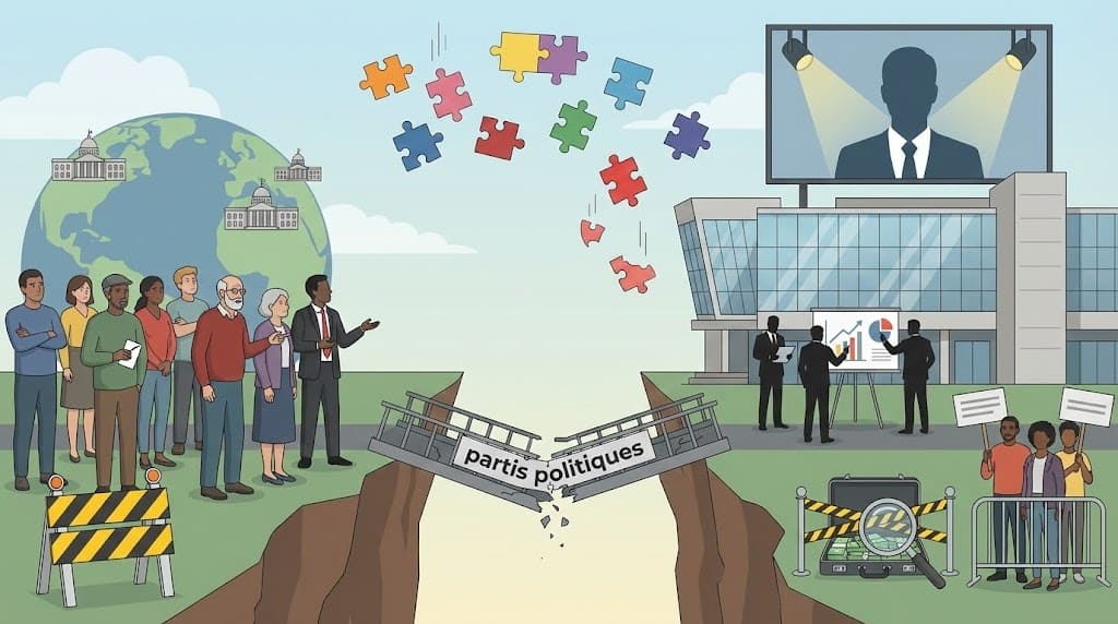 Illustration d’un fossé entre citoyens et responsables politiques pour symboliser la défiance envers les partis