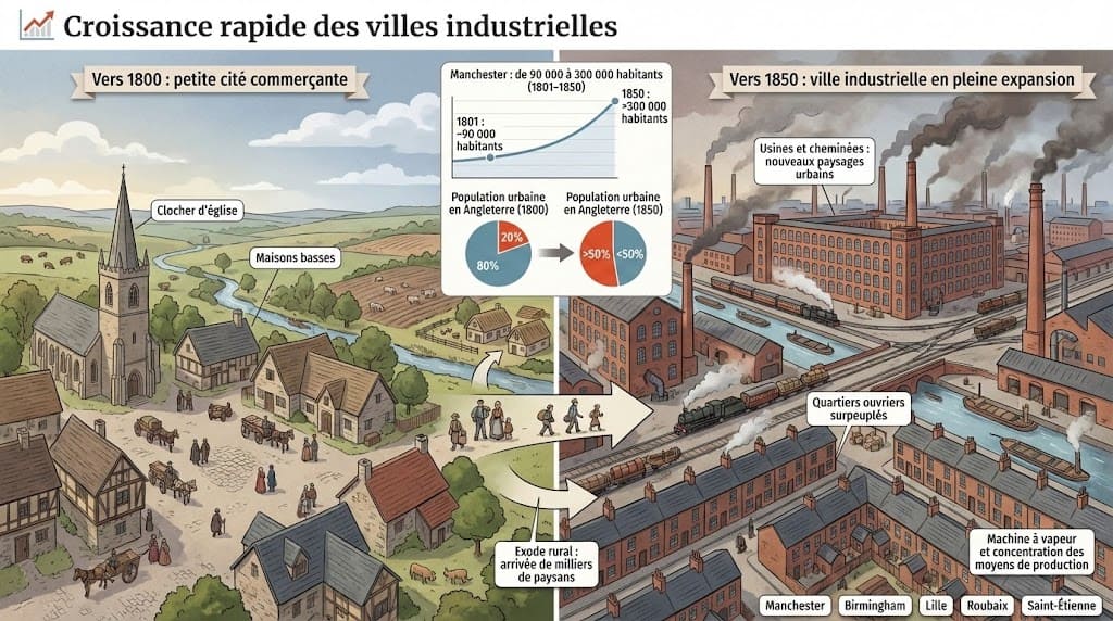Illustration comparative montrant une petite cité vers 1800 face à la même ville devenue une métropole industrielle surpeuplée vers 1850, avec des graphiques sur l'explosion démographique (exemple de Manchester) et l'urbanisation.
