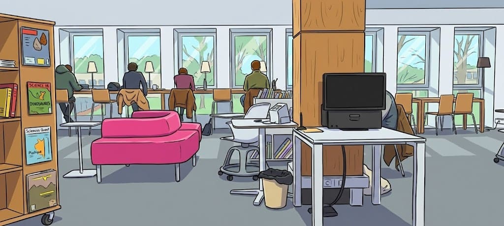 Espace de travail lumineux de la bibliothèque universitaire de l’UBO, avec des étudiants en train de réviser le DAEU