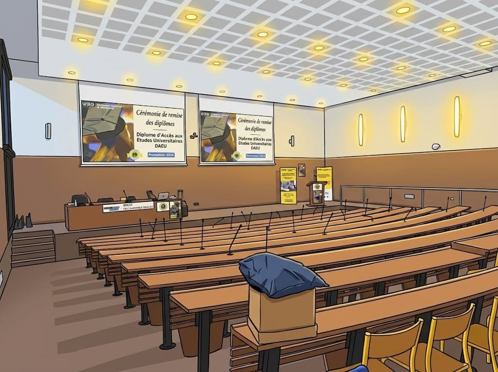 Amphithéâtre de l’UBO préparé pour la cérémonie de remise des diplômes du DAEU, avec les écrans affichant l’événement