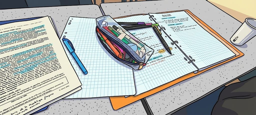 Cahier quadrillé, polycopié surligné et trousse posés sur une table pendant un cours d’histoire du DAEU à l’UBO