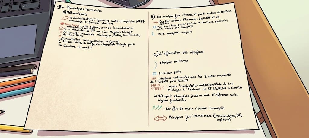 Fiche de révision manuscrite de géographie sur les dynamiques territoriales, utilisée pour préparer le DAEU à l’UBO