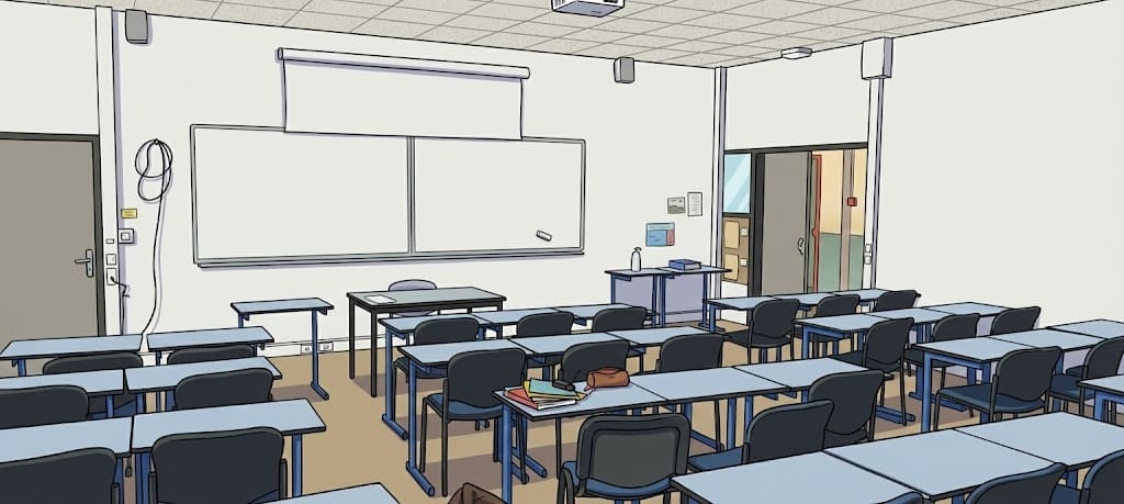 Salle de cours du DAEU à l’UBO avec tables, chaises et tableau blanc avant l’arrivée des étudiants