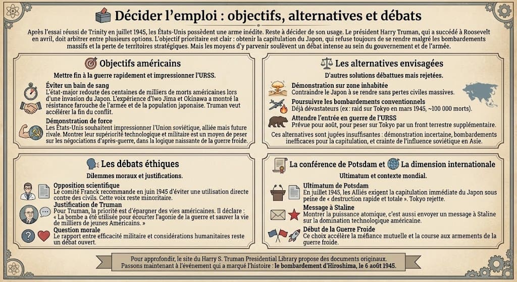 Infographie illustrant la décision américaine d'utiliser la bombe atomique : les objectifs de Truman, les alternatives envisagées, les débats éthiques, la conférence de Potsdam et la dimension internationale