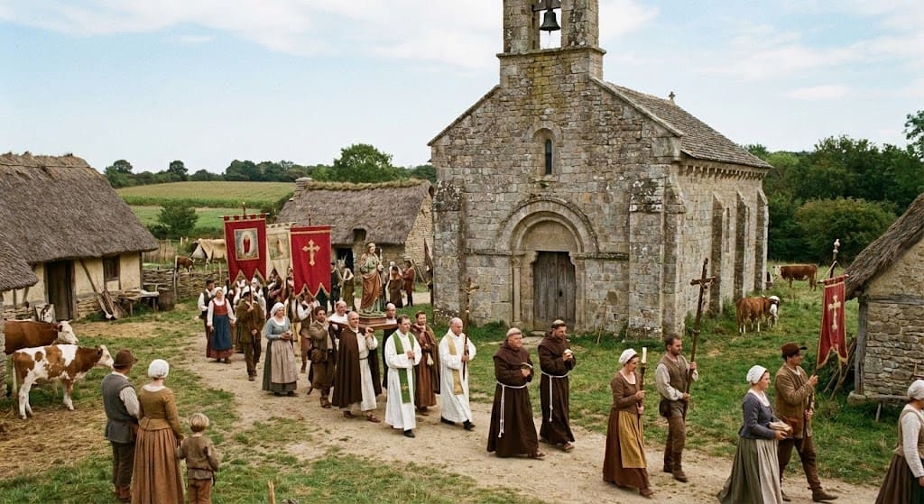 Reconstitution historique d'une procession religieuse avec prêtres, moines et villageois portant des bannières et une statue, devant une église médiévale en pierre et des chaumières. Présence de vaches. Scène de la vie paysanne au Moyen Âge.
