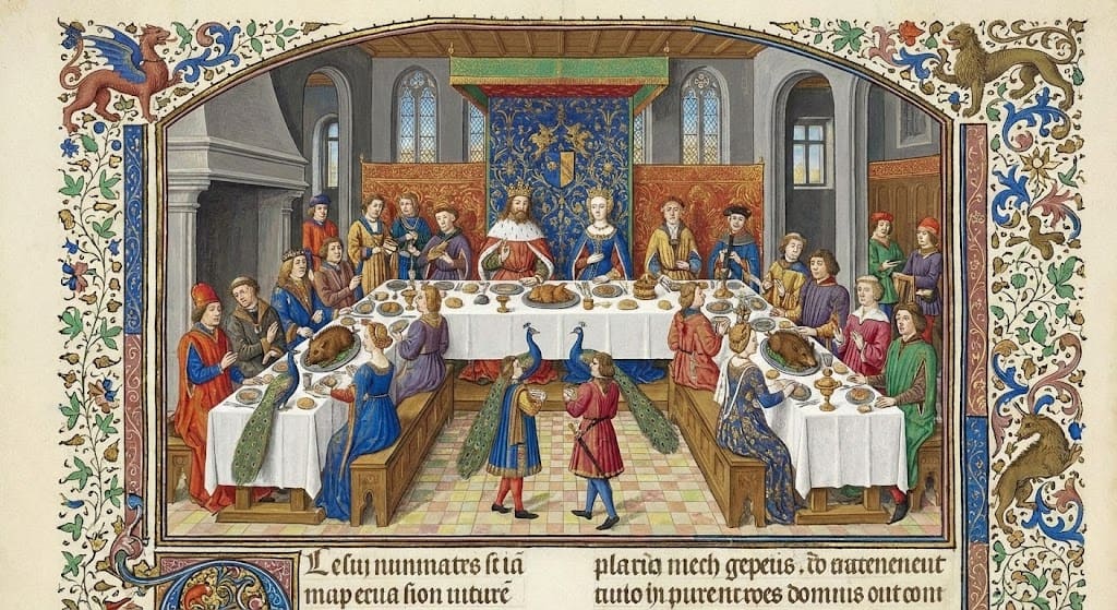 Enluminure médiévale du XVe siècle représentant un banquet royal dans une grande salle. Un roi et une reine sont assis à la table d'honneur, entourés de nombreux convives, musiciens et serviteurs. On distingue des paons rôtis sur les tables et des tapisseries héraldiques aux murs. Scène issue d'un manuscrit enluminé.