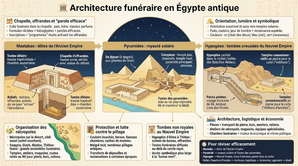 Frise chronologique comparant l'évolution des tombes égyptiennes : le mastaba de l'Ancien Empire, la pyramide royale, et l'hypogée (tombe creusée dans la roche) du Nouvel Empire.
