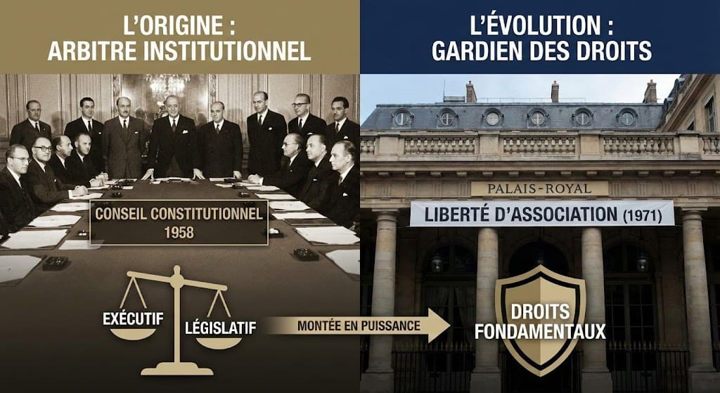 Infographie comparant le rôle initial du Conseil constitutionnel en 1958 comme arbitre institutionnel à son évolution post-1971 comme gardien des droits fondamentaux.