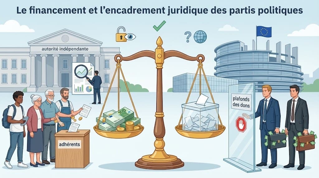Balance de justice mettant en regard de l’argent et une urne de vote pour symboliser le financement encadré des partis politiques