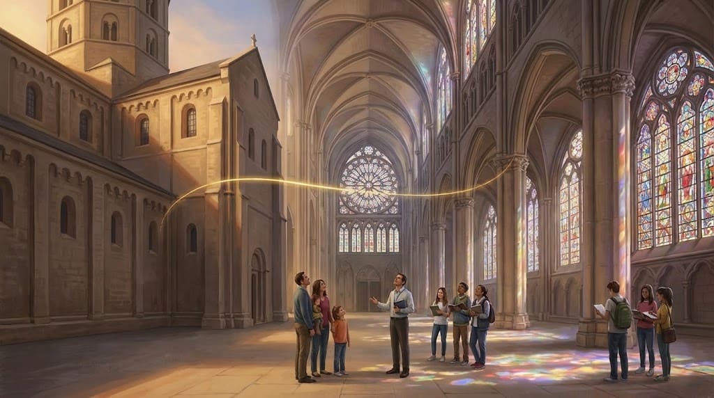 Illustration montrant l'intérieur d'une église romane (gauche) et d'une cathédrale gothique (droite) reliées par un fil de lumière dorée. Un guide explique l'architecture à un groupe d'élèves et une famille, tandis que la lumière colorée des vitraux projette des motifs au sol.