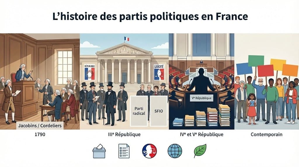 Frise chronologique illustrant l’évolution des partis politiques en France, des clubs révolutionnaires à la Ve République