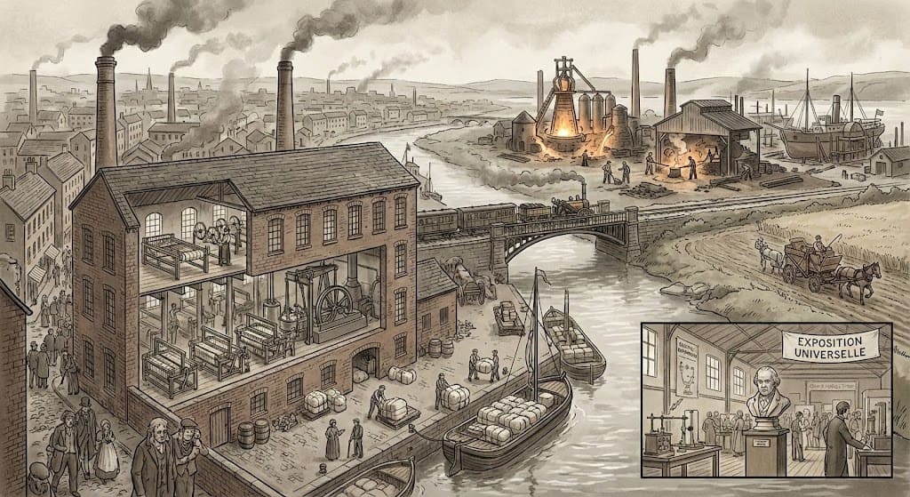 Illustration en coupe d'une ville industrielle au XIXe siècle : usine textile avec machines à vapeur, train traversant un pont, haut-fourneau, port actif et cheminées fumantes. Un encart montre une exposition universelle.
