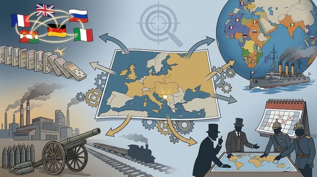 Illustration pédagogique de synthèse montrant une carte de l'Europe de 1914 avec l'étincelle de Sarajevo au centre. Autour, quatre vignettes reliées par des flèches et engrenages illustrent les causes structurelles : le système des alliances et l'effet domino (drapeaux, dominos), la course aux armements et l'industrie (usines, canons), les rivalités impériales mondiales (globe, navire de guerre) et les plans militaires minutés (diplomates, généraux, calendrier).