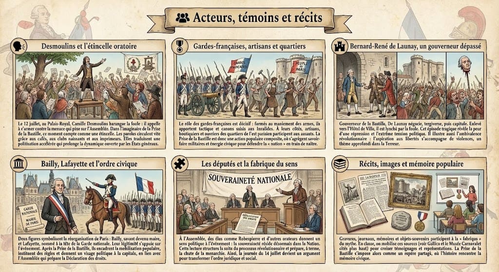 Infographie en six panneaux présentant les acteurs clés du 14 juillet : l'orateur Camille Desmoulins, les gardes-françaises et artisans, le gouverneur de Launay, Bailly et Lafayette, les députés de l'Assemblée, et les supports de mémoire populaire.