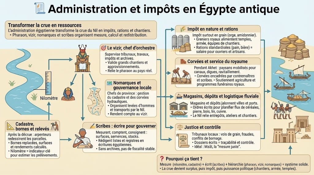Organigramme de l'administration égyptienne expliquant la collecte des impôts en nature (céréales), le rôle clé du vizir, des nomarques et des scribes dans la gestion des ressources.