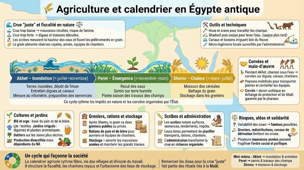 Schéma expliquant le calendrier agricole égyptien basé sur le Nil, divisé en trois saisons : Akhet (inondation), Peret (semailles) et Shemu (moisson), et les travaux associés.