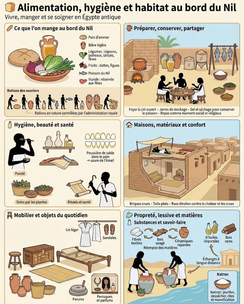 Infographie présentant l’alimentation, l’hygiène et l’habitat au bord du Nil en Égypte antique, avec pain, bière, jarres de stockage, objets de toilette et maison en briques crues vue en coupe.