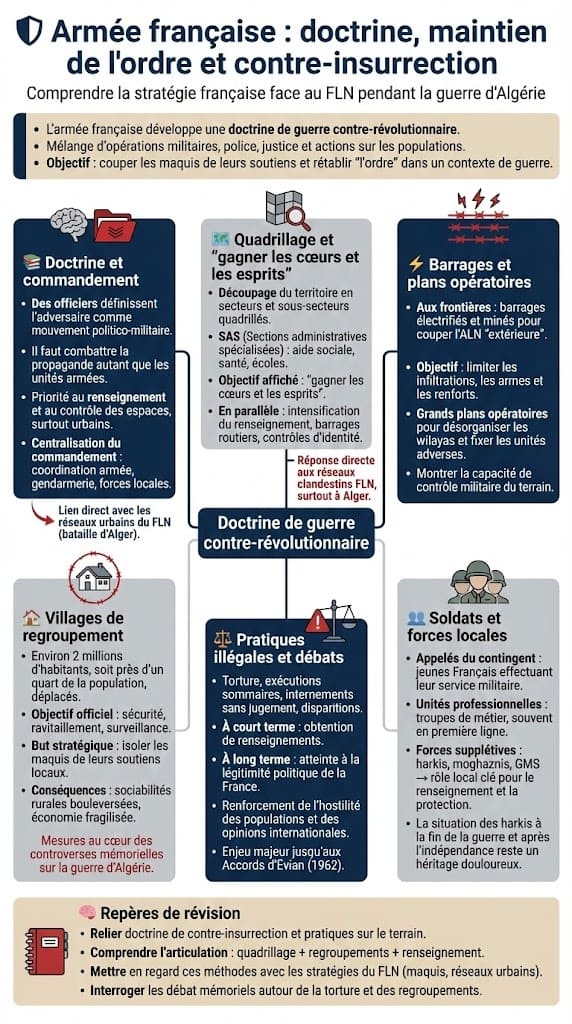 Infographie décrivant la doctrine de guerre contre-révolutionnaire de l’armée française pendant la guerre d’Algérie, mêlant quadrillage du territoire, actions des SAS, renseignement, regroupements de populations et pratiques controversées.