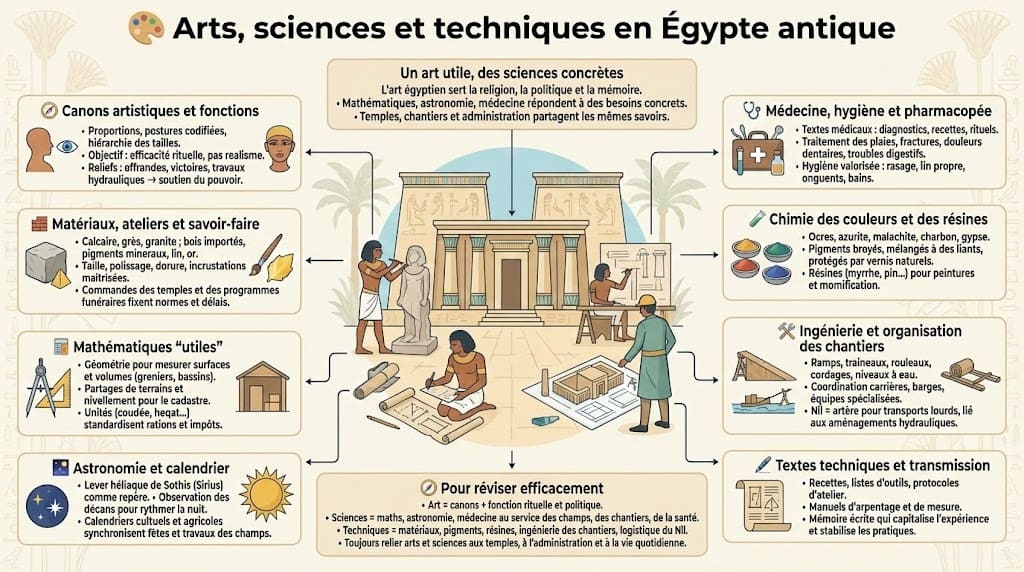 Synthèse des savoirs et techniques en Égypte antique : les canons artistiques, les connaissances en mathématiques, astronomie (calendrier), médecine et l'ingénierie de construction.