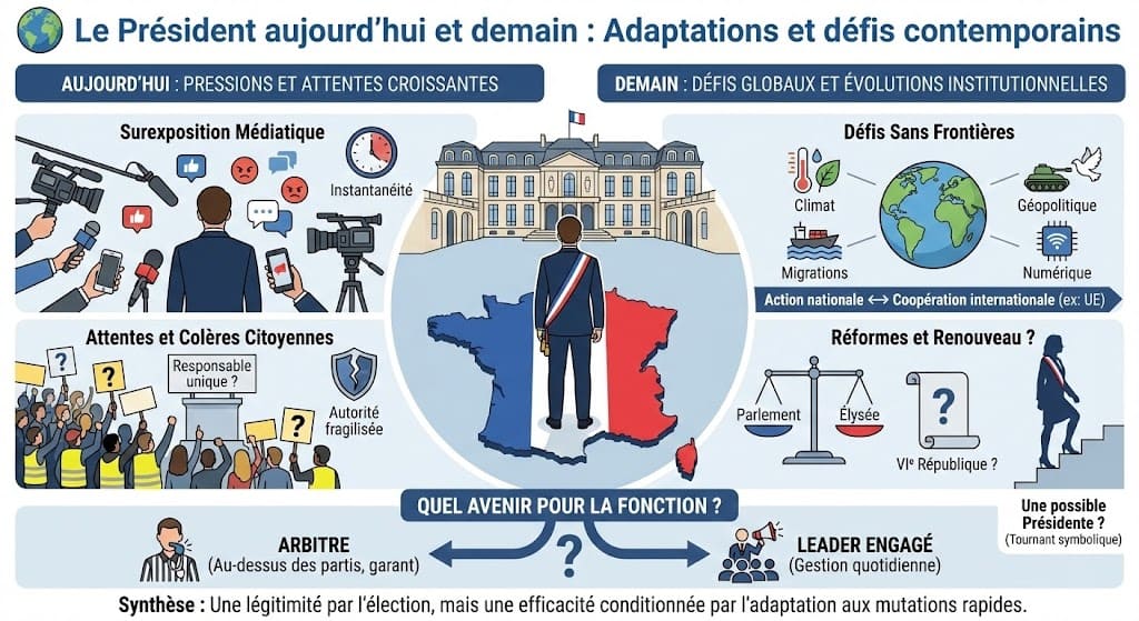 Infographie analysant la situation actuelle du Président français (surexposition médiatique, attentes citoyennes) et les défis futurs (enjeux globaux, réforme des institutions, place des femmes, rôle d'arbitre ou de leader).