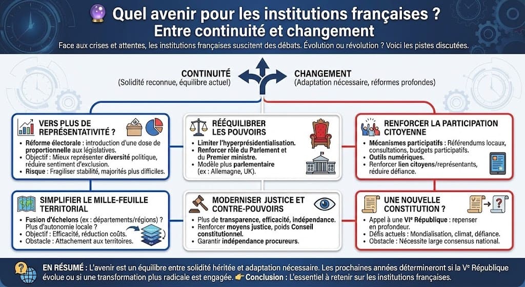 Infographie prospective sur l'avenir des institutions. Elle présente les débats actuels : introduction de la proportionnelle, VIe République, démocratie participative, simplification du mille-feuille territorial.