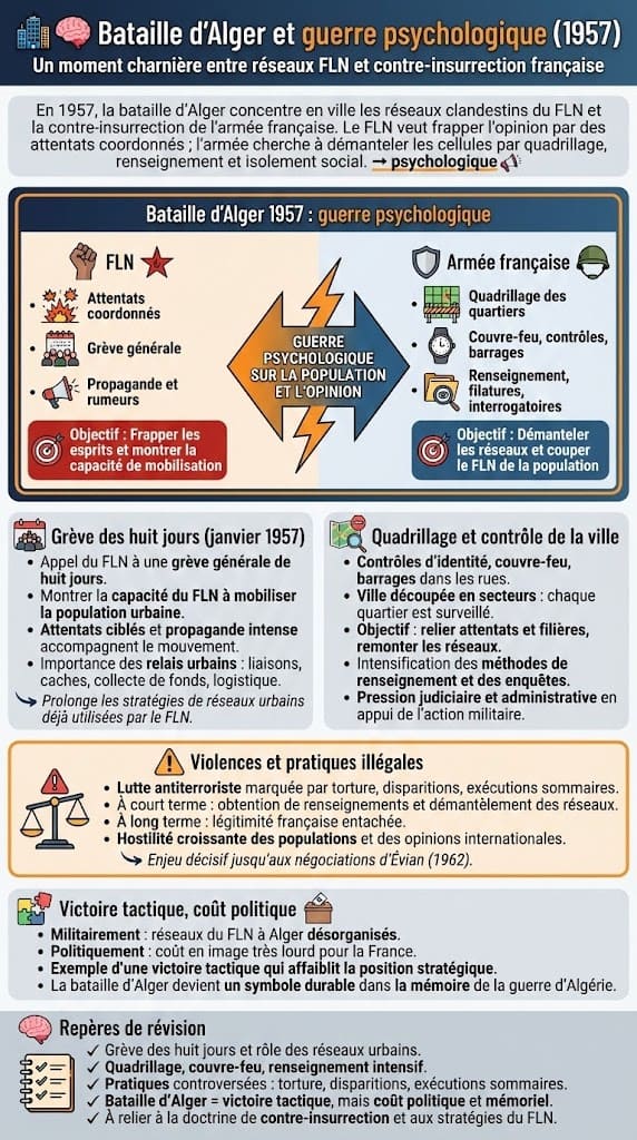Infographie retraçant la bataille d’Alger en 1957, la grève des huit jours, le rôle des réseaux urbains du FLN et la contre-insurrection de l’armée française dans une logique de guerre psychologique.