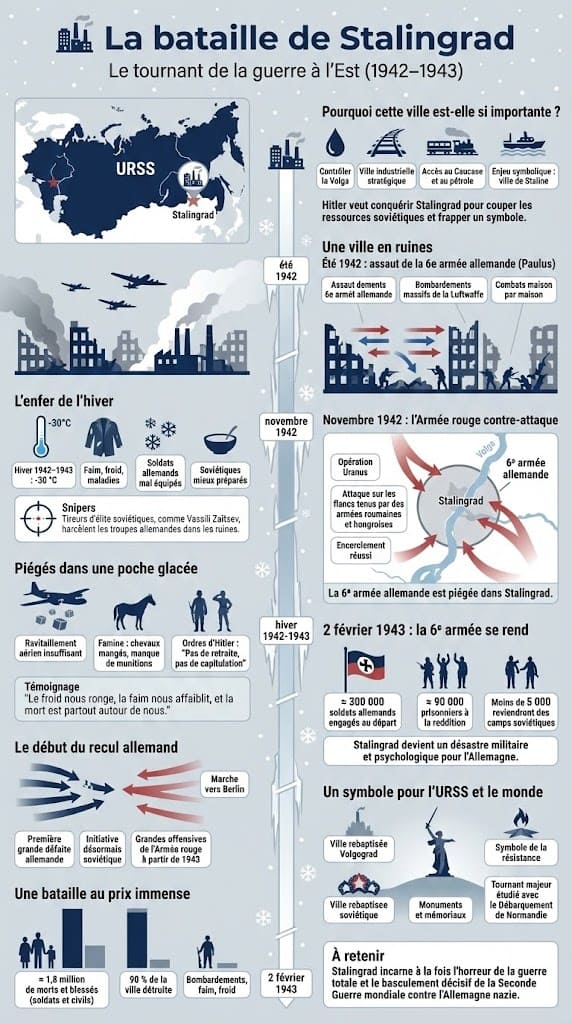 Carte et explication de la bataille de Stalingrad : combats urbains, encerclement de la VIe armée allemande et première grande défaite nazie.