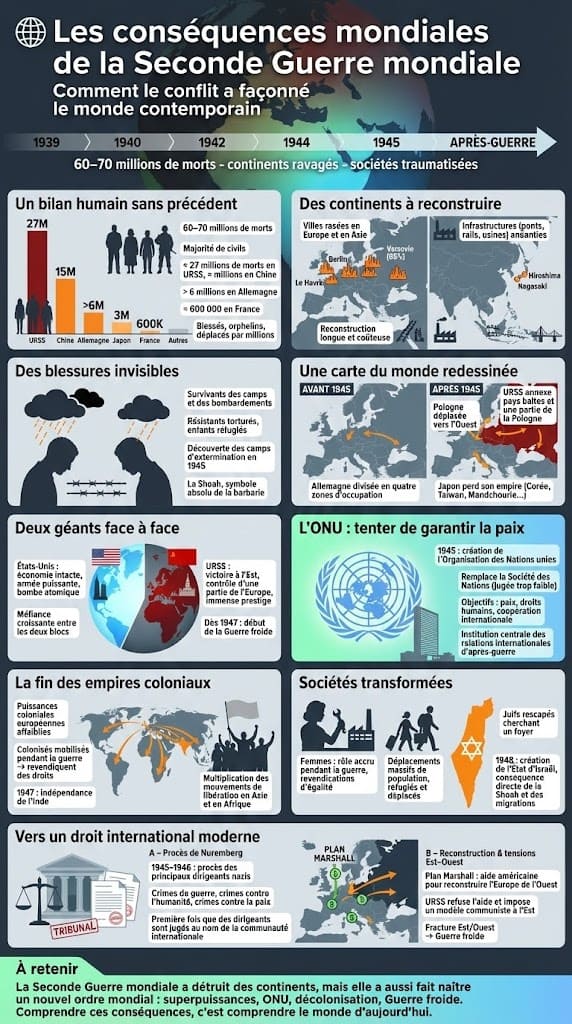 Infographie détaillant le bilan de la guerre : 60 millions de morts, villes détruites, traumatismes moraux et redécoupage des frontières.