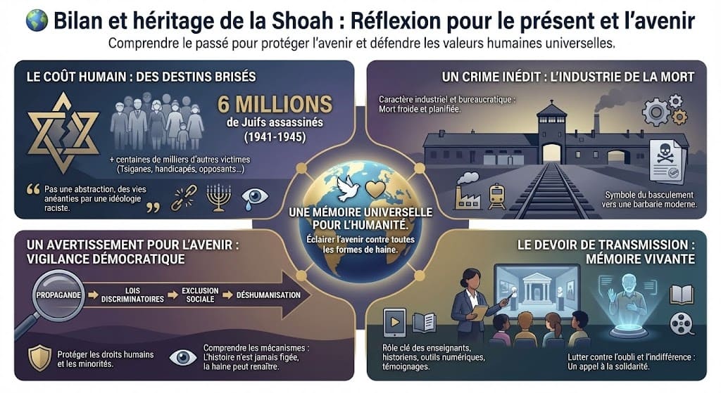 Infographie de synthèse présentant le bilan de 6 millions de victimes juives, le caractère inédit du crime industriel, l'avertissement pour la vigilance démocratique et le devoir de transmission.