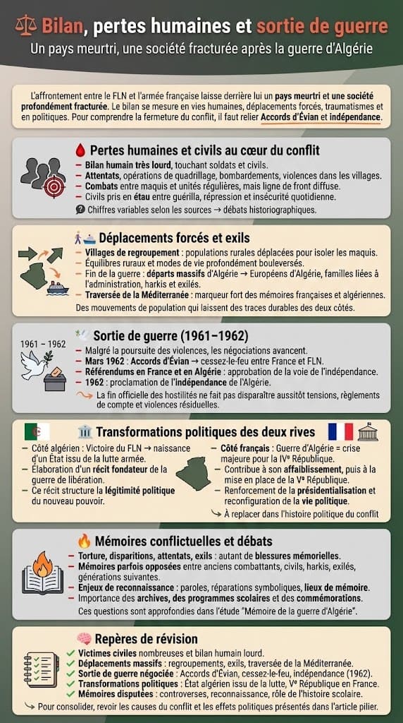 Infographie présentant le bilan humain de la guerre d’Algérie, les déplacements de populations, les exils, la sortie de guerre par les Accords d’Évian et l’indépendance, ainsi que les mémoires conflictuelles qui en découlent.